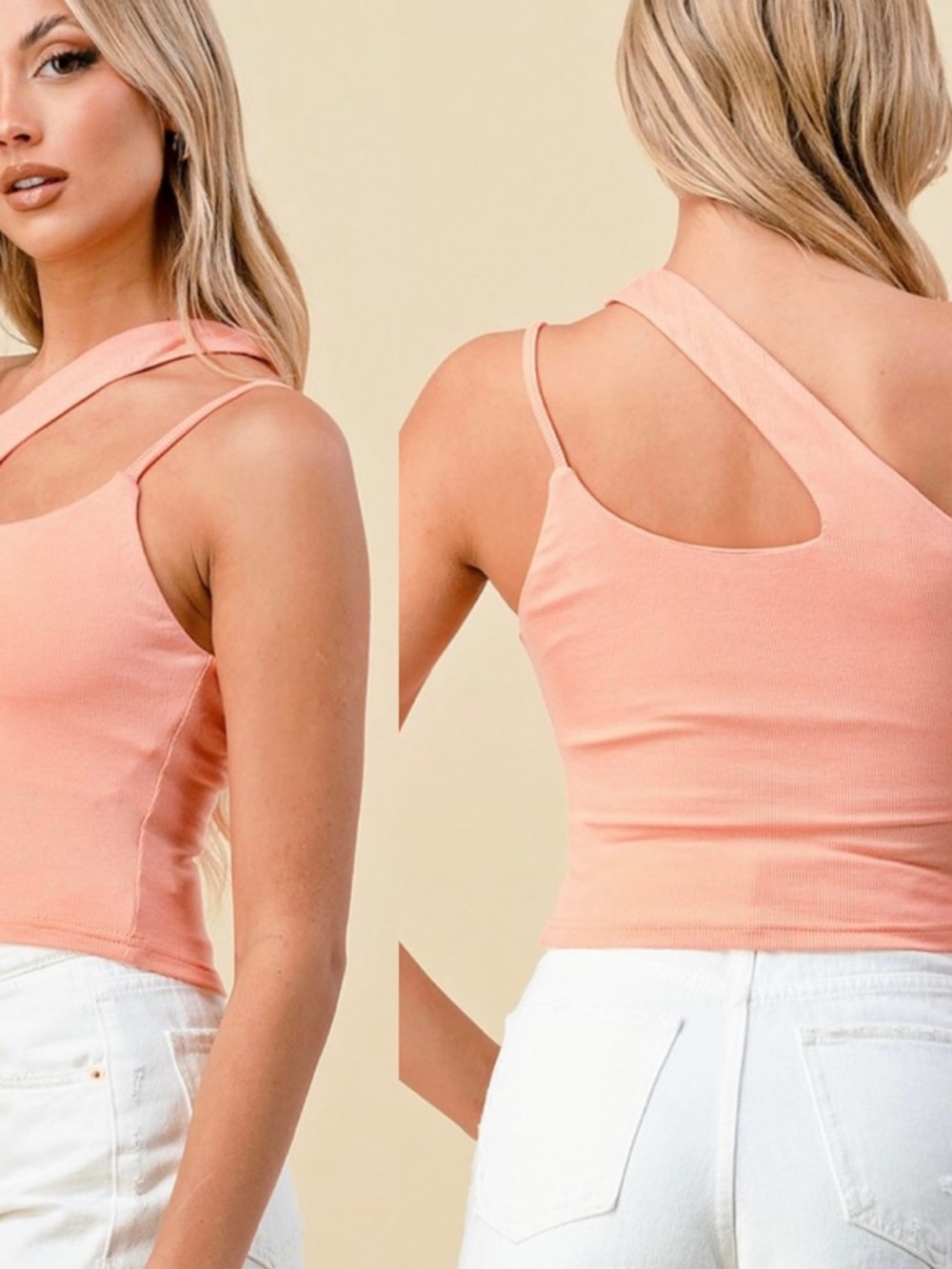 Asymmetrical Peach One-Shoulder Ribbed Tank Top - Picture 4 of 6